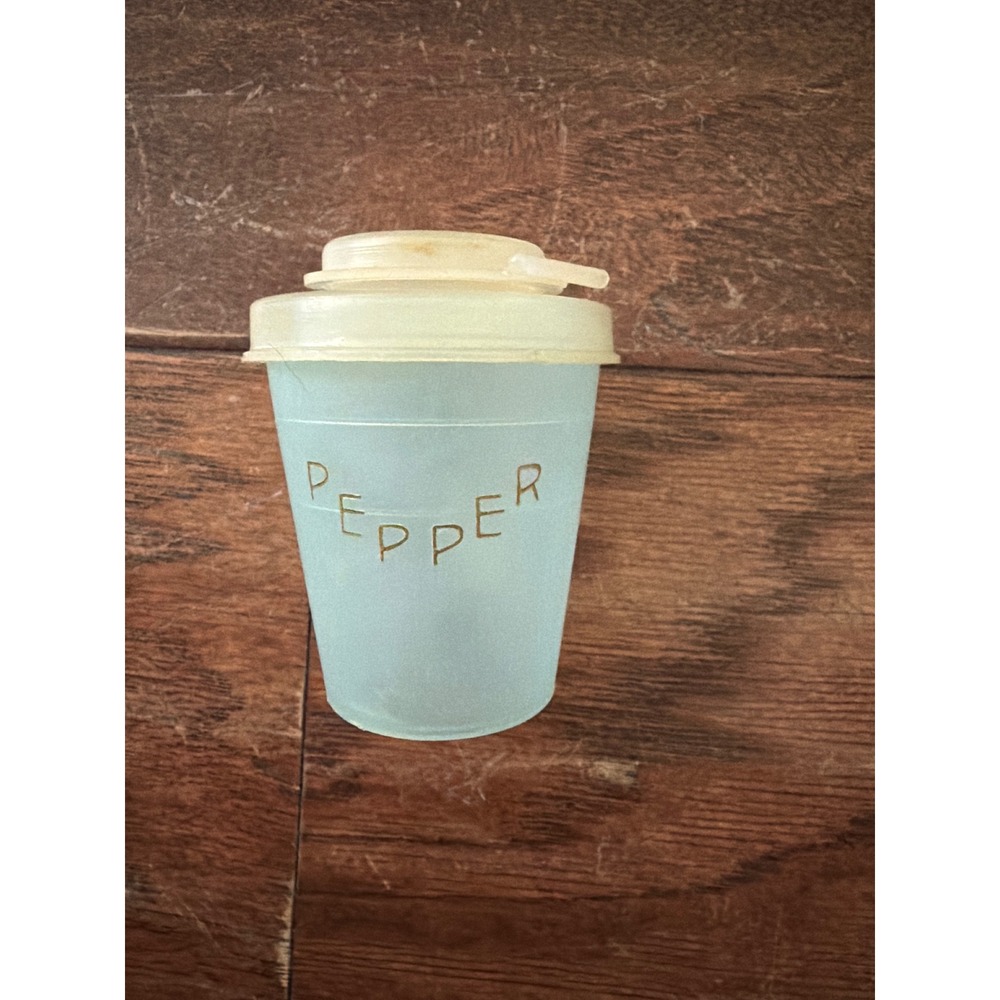 Vintage Tupperware Pepper Shaker Frosted Blue Gold Lettering Flip Top Lid MCM